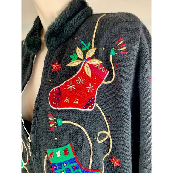 Designer Studio L Black Christmas Cardigan Pretty Sweater Zips - Picture 5 of 13